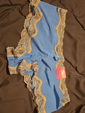 Micros Blue Hipster Panty with Gold Lace Trim